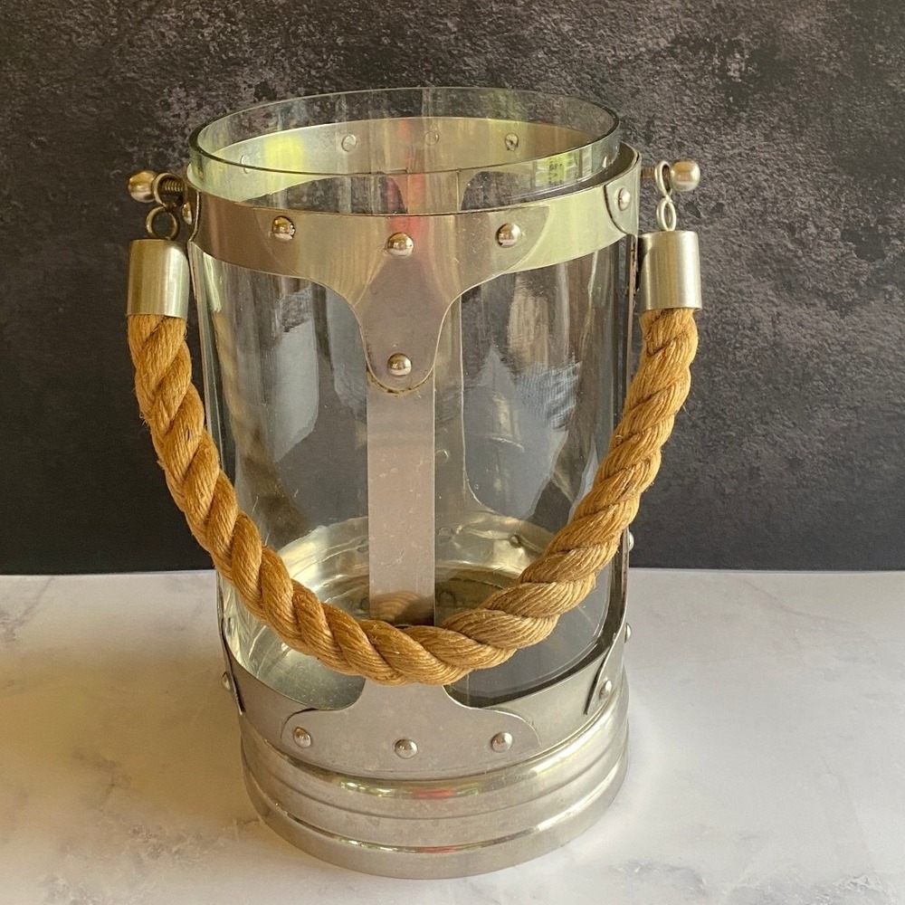 Metal Framed‎ Candle Holder with Hand Blown Glass Chimney and Rope Handle